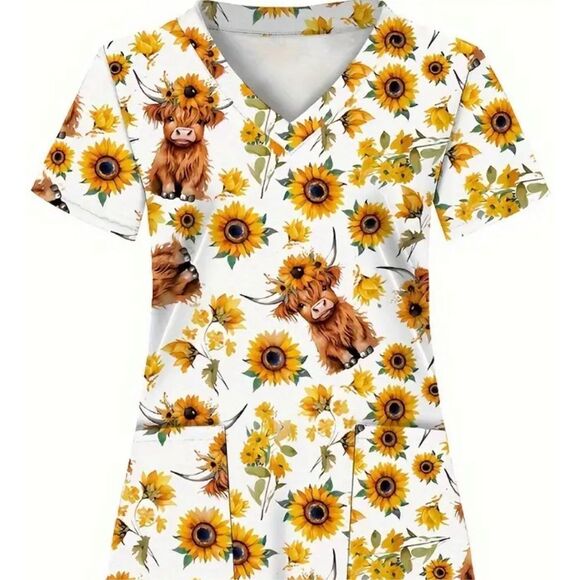 Fall Scrub top Women’s size XXL XXLarge 14 -16 Highland cow, sunflowers - Picture 1 of 4